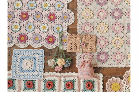 Cover of a vintage-style crochet flower motif book showing pastel rose and daisy square blankets, a raffia pouch and a bouquet