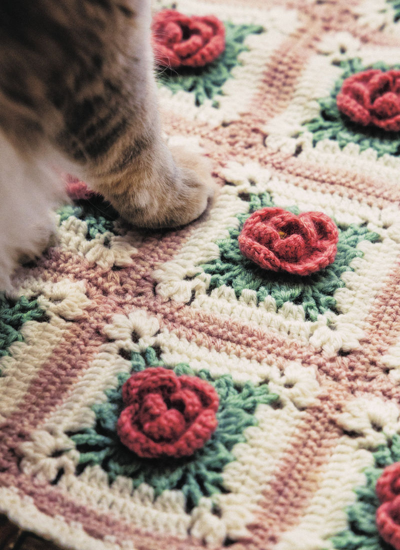 00027 Detail of raised crochet rosette motifs with layered petals and green leaves, touched by a cat's paw