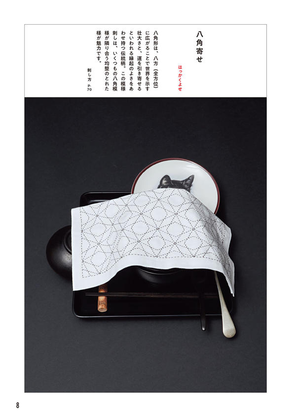 1284-index-10_1 An octagon sashiko motif fukin rests on a lacquer tray beside a cat-print plate.
