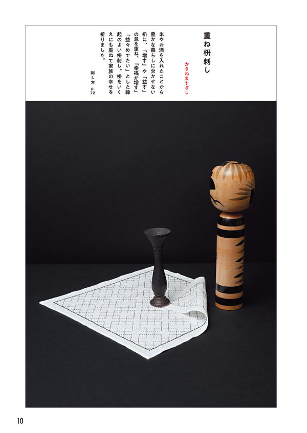 1284-index-12_1 This sashiko fukin design in a diamond grid sits beside a kokeshi doll and candlestick.