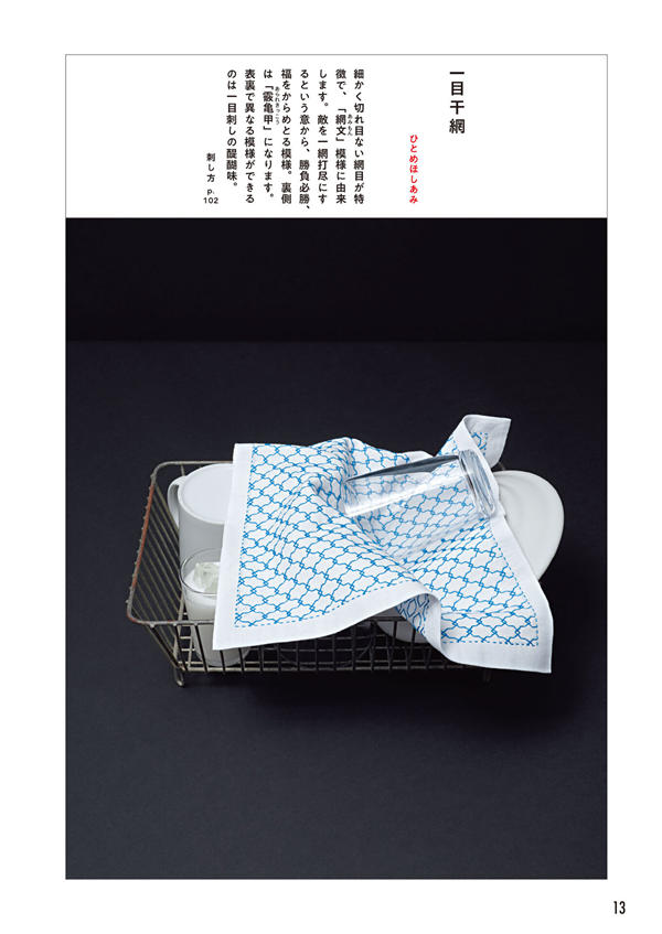1284-index-15_1 Blue hitome-zashi fishnet pattern cloth folded over a glass on a wire dish rack.