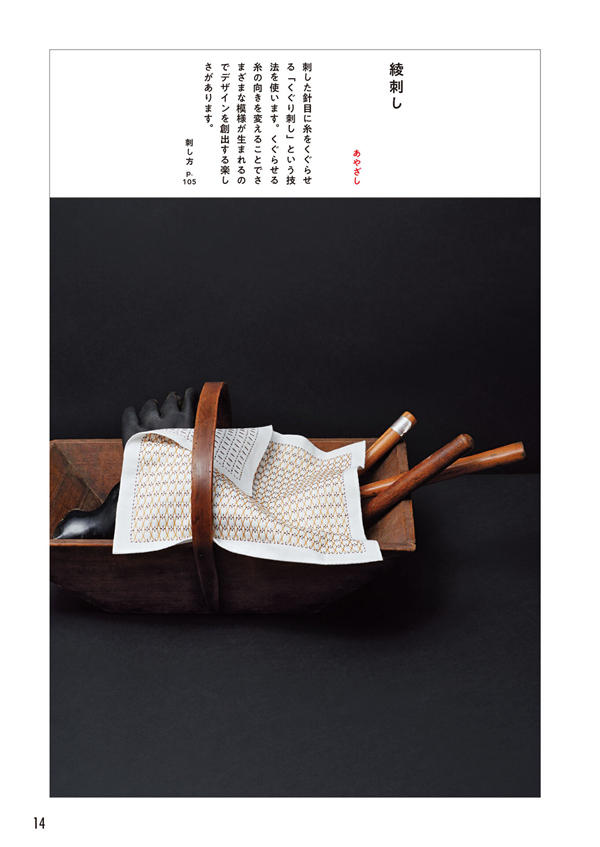 1284-index-16_1 Kuguri-zashi weaving stitch fukin, its interlaced threads shown resting in a wooden trough.