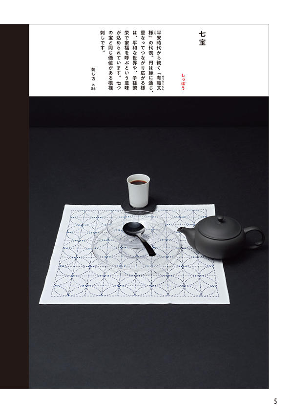 1284-index-7_1 A shippo sashiko pattern fukin styled beneath a teapot and glass dish for a table setting.