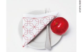 Cover of this sashiko pattern book featuring a red star-motif fukin folded on a plate.