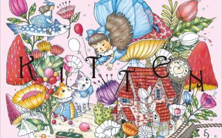 Flower coloring book cover by Yoko Kitami with a flying girl, kittens, red storybook house and giant strawberries.