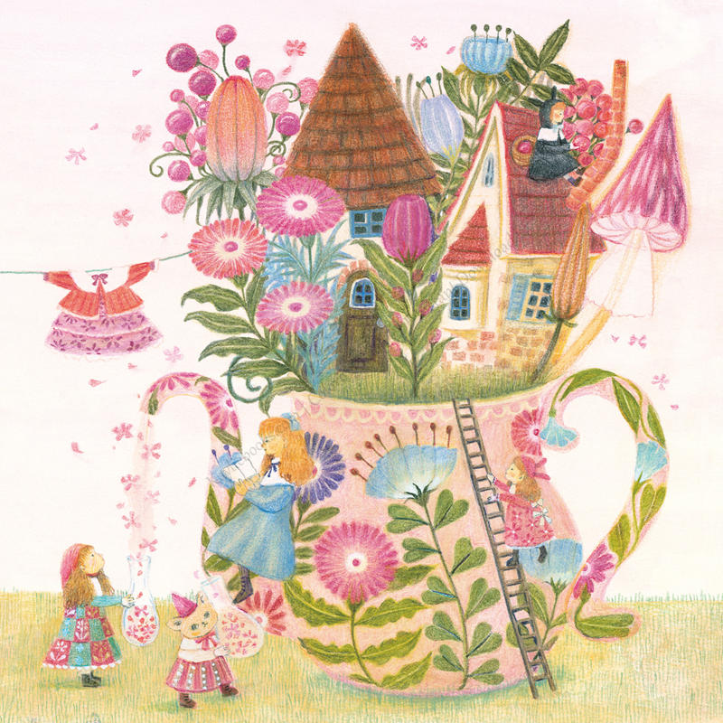 p01 Colored flower coloring book scene of a fairy tale house blooming from a giant teacup, with girls climbing ladders.