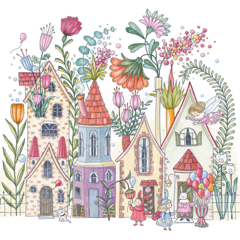 p02 Whimsical flower town from this coloring book — storybook houses among towering tulips, with bunnies and a tiny fairy.