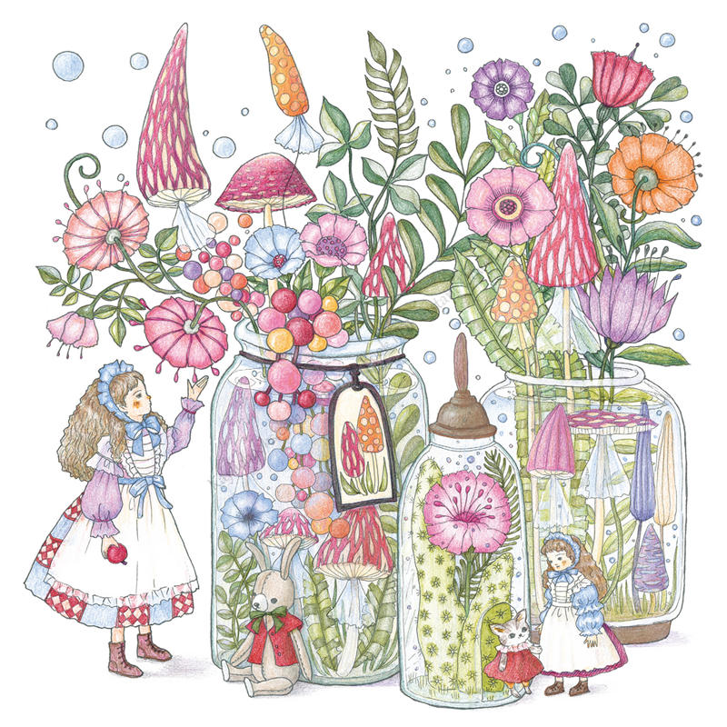 p03 Flower coloring book reference page of glass jars filled with mushrooms and blooms, beside a girl in a vintage dress.
