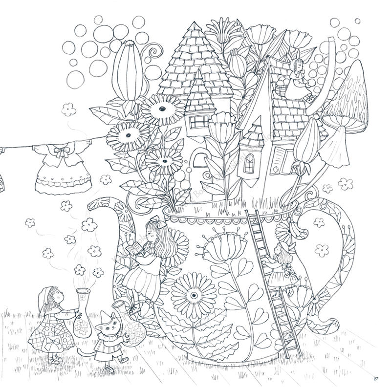 p04 Line art coloring page of a teapot cottage covered in daisies, from the flower coloring book by Yoko Kitami.