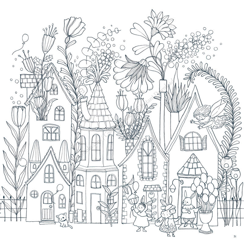 p05 Detailed flower coloring page of a fairy tale street where blossoms grow taller than the storybook houses.