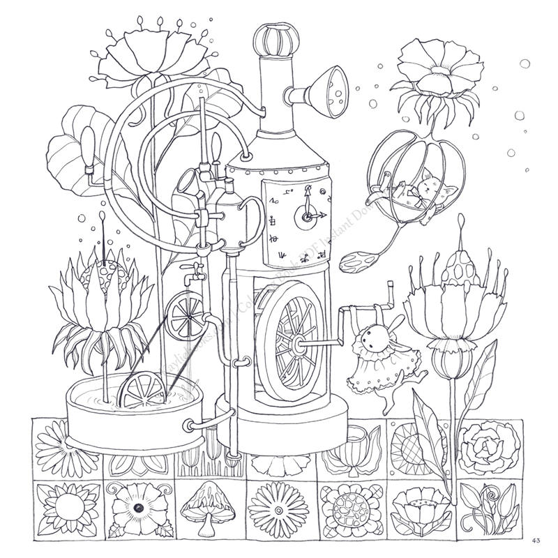 p07 Fantasy flower machine coloring page with a kitten curled in a bloom pod and a dancing bunny doll among poppies.