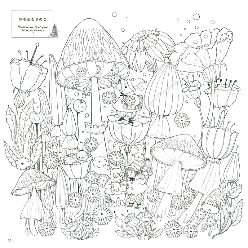 p10 Mushroom forest coloring page where flowers bloom from toadstools, with a tiny mouse gathering a daisy basket.