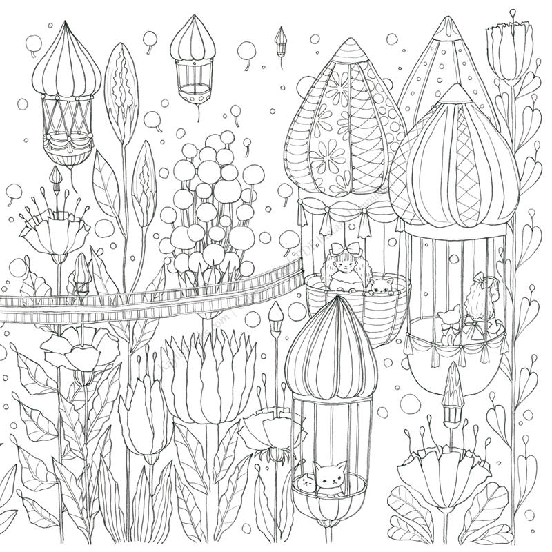 p11 Flower lantern hot air balloons carrying kittens and girls across the sky, an intricate flower coloring book page.