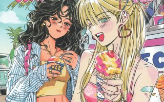 Kitsch high teen coloring book cover of two girls sharing ice cream cones outside a retro truck under palm trees.