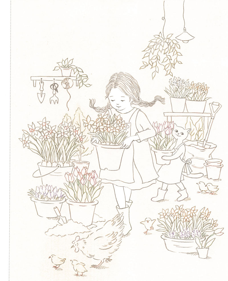 1443-20260321175606_032 Flower pot coloring page outline of a girl carrying potted daffodils with a cat, tulips and chicks