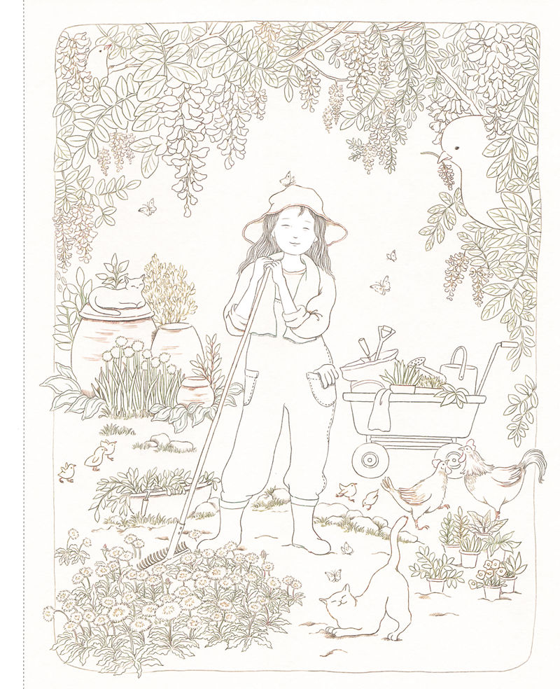 1443-20260321175606_034 Intricate botanical coloring page of hanging wisteria, a gardener with a rake, hens and a cat in fine outlines