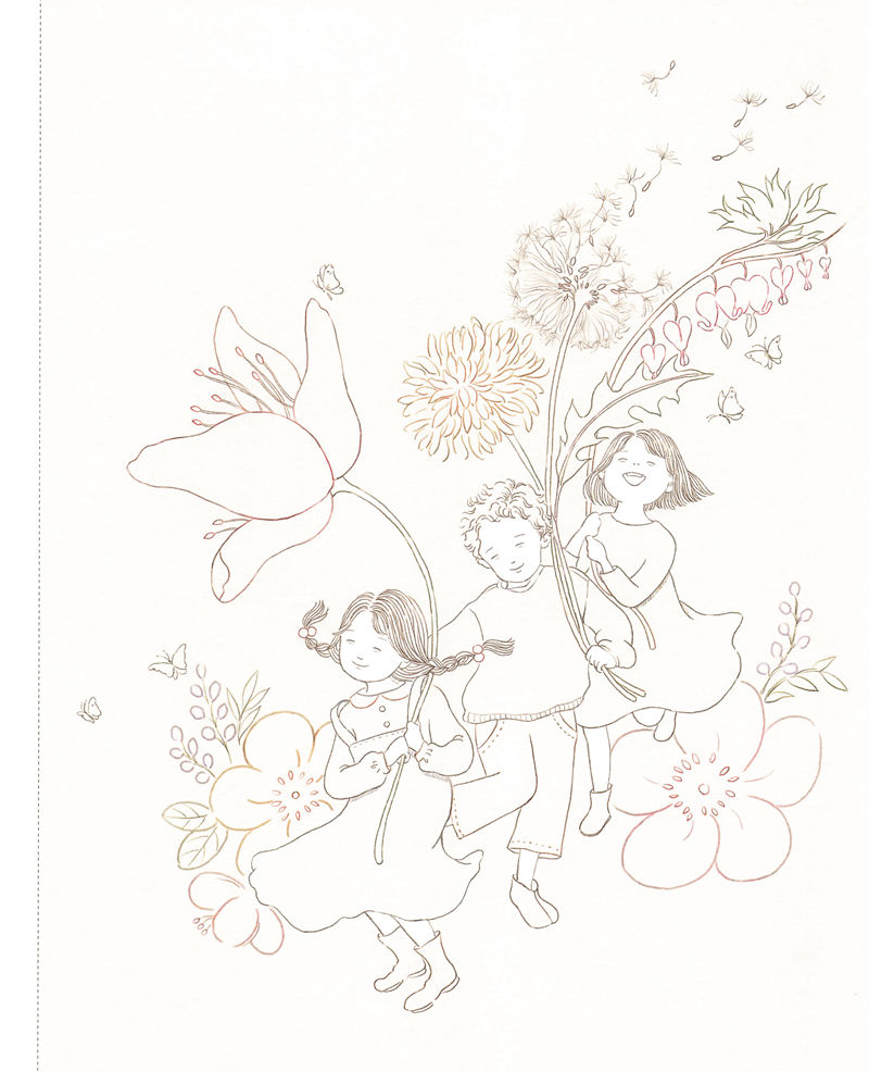 1443-20260321175606_038 Guide color coloring page outline of laughing children holding a dandelion, lily and bleeding heart stem
