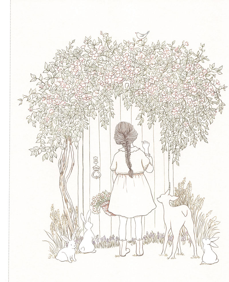 1443-20260321175606_062 Rose garden coloring page outline of a girl at an arched door with a fawn, rabbits, a basket and a small bird