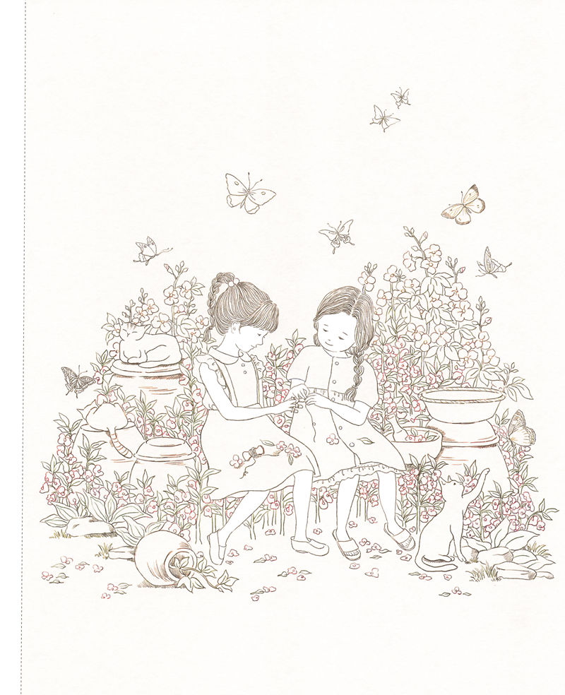 1443-20260321175606_064 Girls and cats coloring page outline: two girls sewing among flowers, butterflies, clay jars and kittens