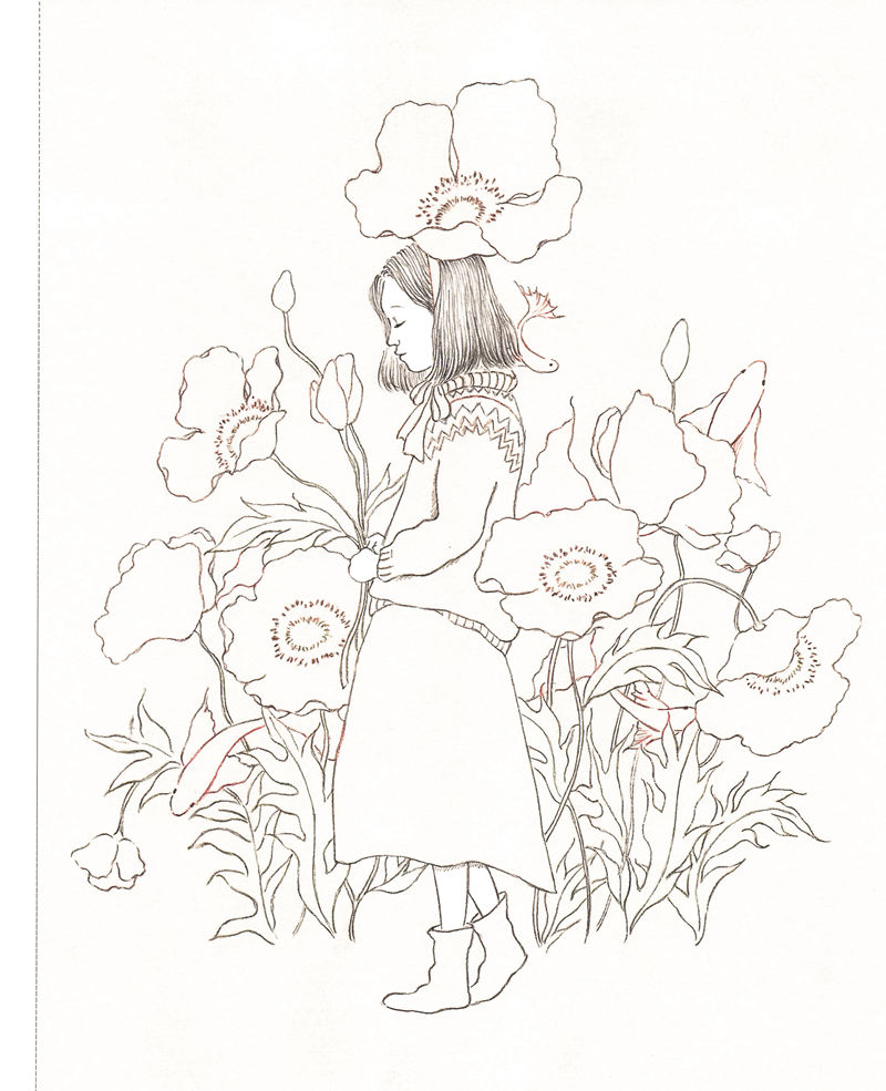 1443-20260321175606_100 Easy coloring page for beginners: outline of a girl in a patterned sweater among large poppies and goldfish