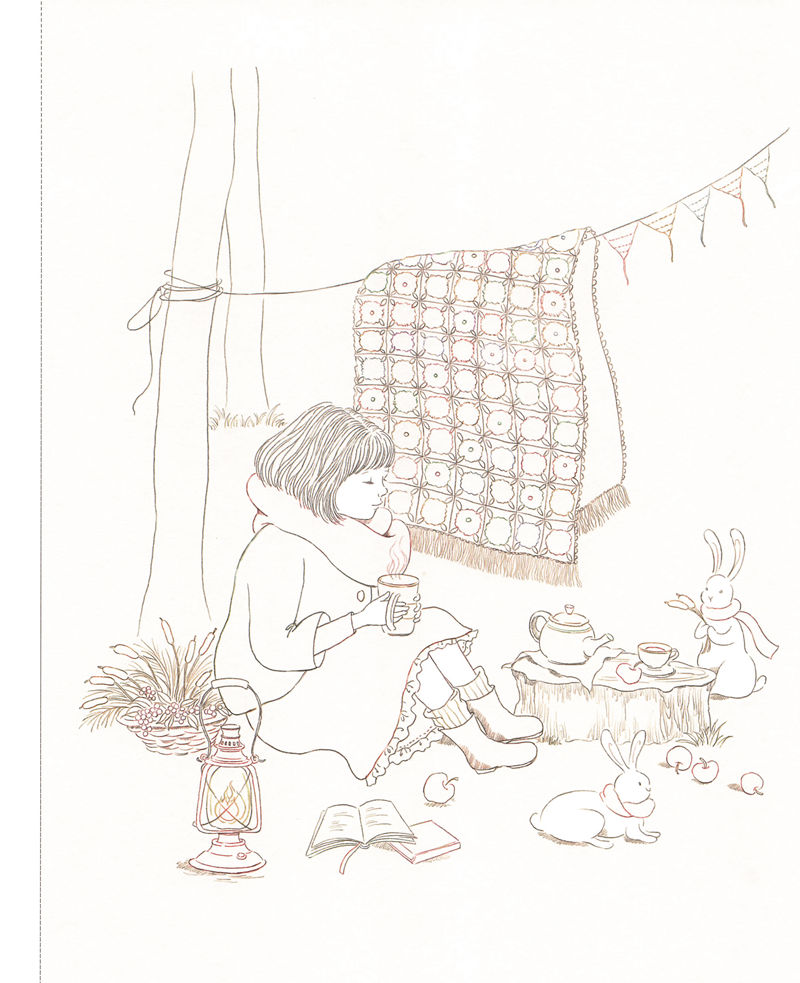 1443-20260321175606_108 Crochet blanket coloring page outline with a girl holding a mug, lantern, tea set, bunting and rabbits