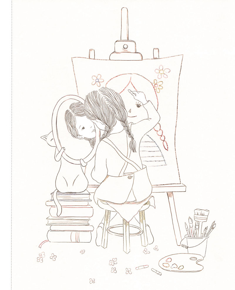 1443-20260321175606_124 Cat coloring page outline: a black cat holding a mirror while a girl paints beside books and a palette