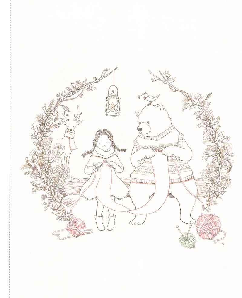 1443-20260321175606_134 Bear coloring page outline with a girl, a knitting bear, deer, bird and lantern inside a berry wreath
