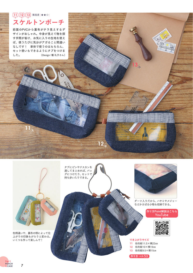 1484-00009 Clear PVC pouch sewing patterns in denim, showing scissors and rulers through the windows.