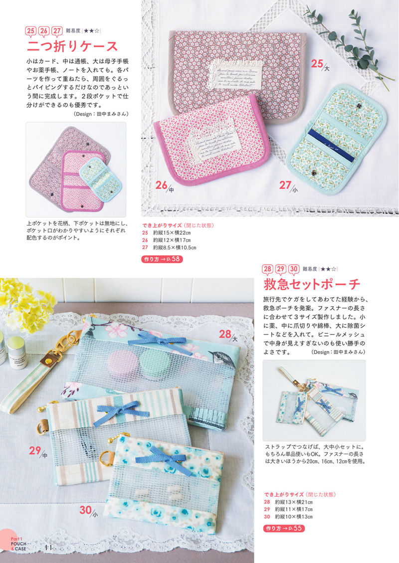 1484-00013 Bifold card case sewing pattern in piped florals, with mesh first aid pouches beneath.