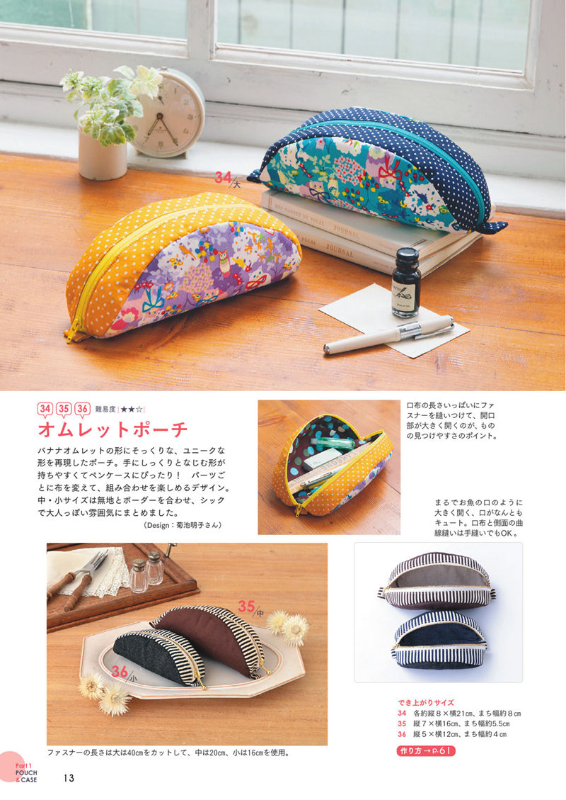 1484-00015 Banana-shaped pen case sewing pattern in navy and mustard polka dot with a wide curved zip.
