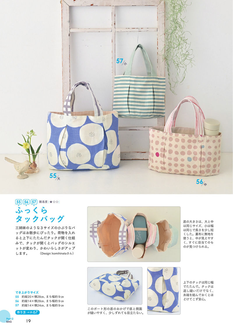 1484-00021 Tuck tote sewing pattern in blue dots and stripes, with pleats that open as the bag fills.