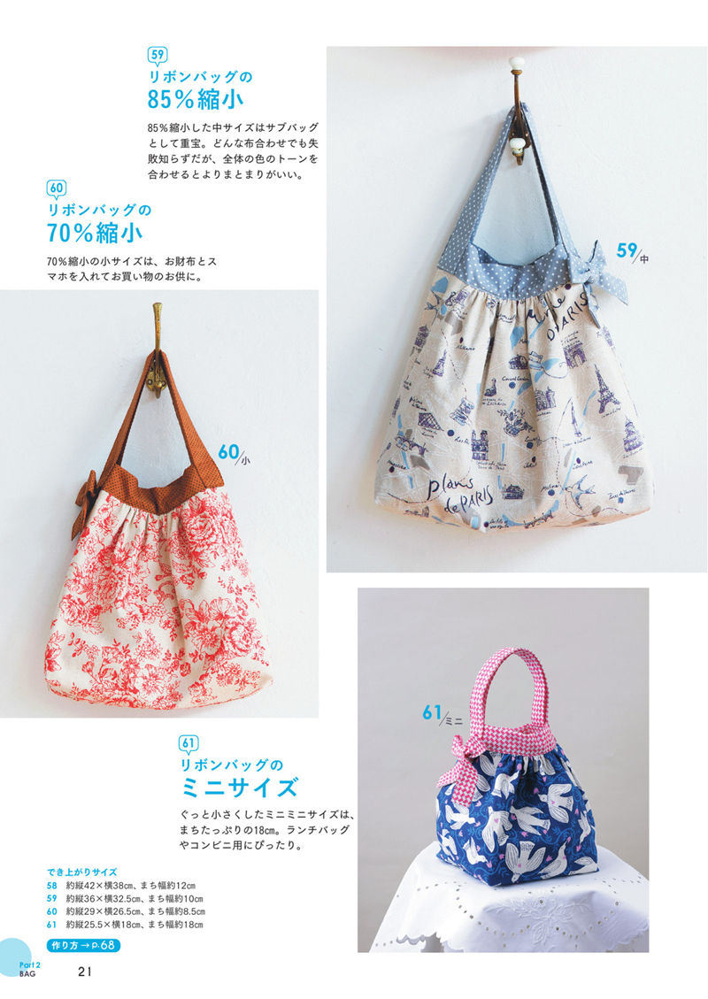 1484-00023 The ribbon bag reduced to 85 and 70 per cent — a sub bag sewing pattern plus a mini lunch size.