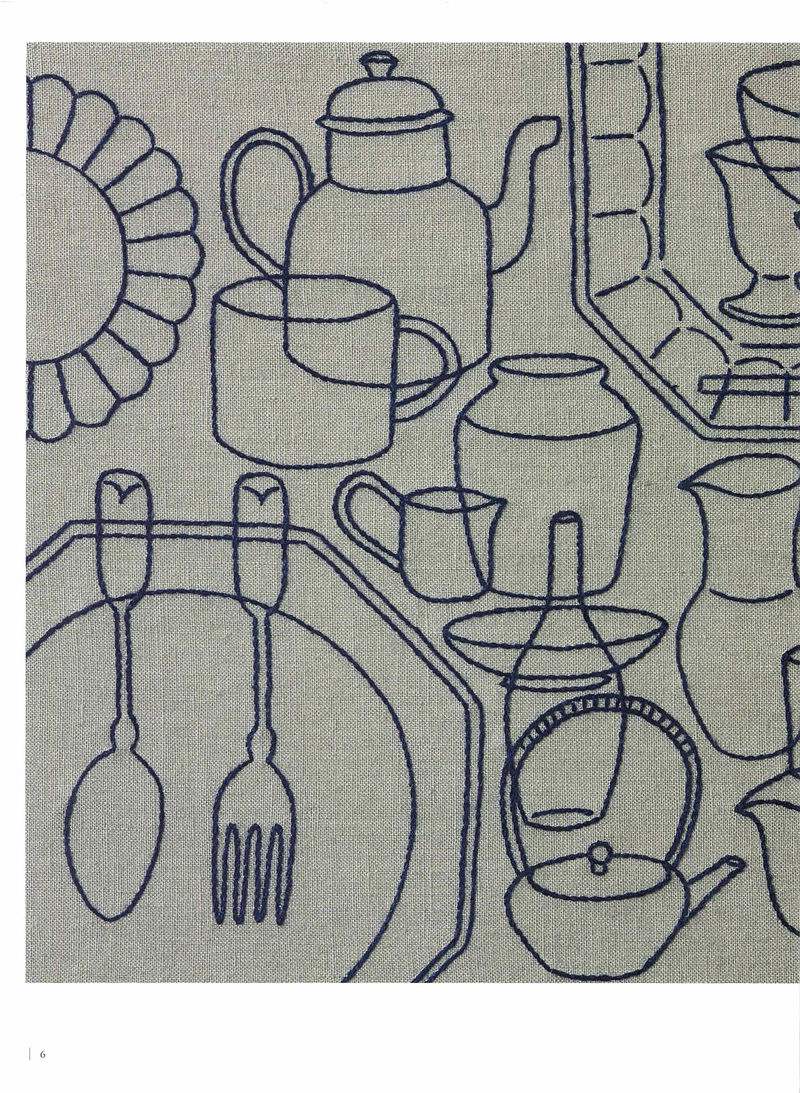 1505-09042026220514_008 Teapots, cups and cutlery in navy outline — tableware motifs from Yumiko Higuchi's single color embroidery pattern book.