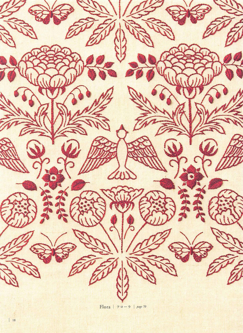 1505-09042026220514_020 Crimson damask style embroidery pattern by Yumiko Higuchi, with peonies, berries and butterflies.