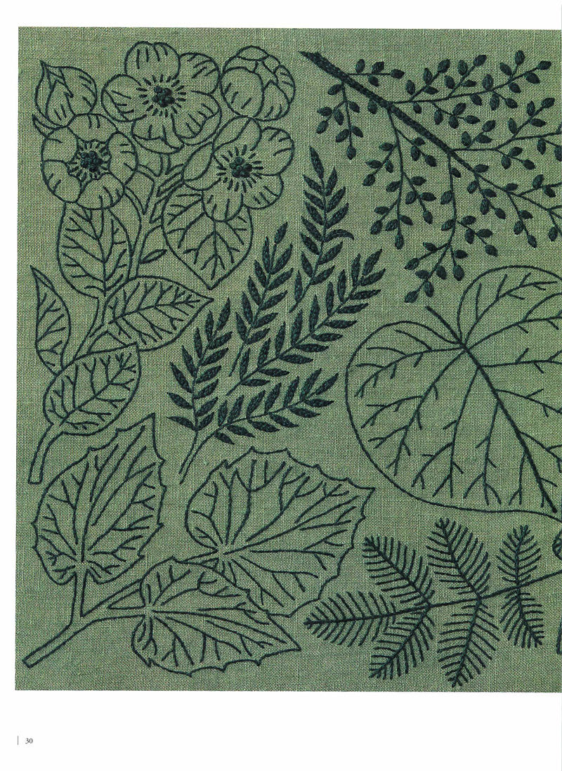 1505-09042026220514_032 Yumiko Higuchi's leaf embroidery patterns with outlined ferns, ivy and rounded foliage on olive.