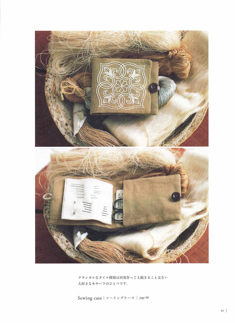 1505-09042026220514_047 Embroidered sewing case from Yumiko Higuchi, open to show scissors, spools and a stitched pincushion.
