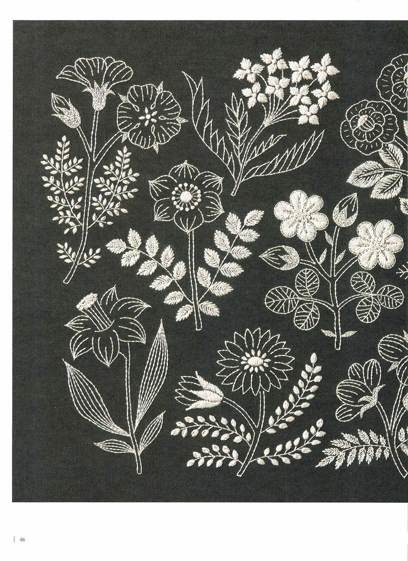 1505-09042026220514_048 Flower garden embroidery design by Yumiko Higuchi, white thread on black linen, dense with blooms.