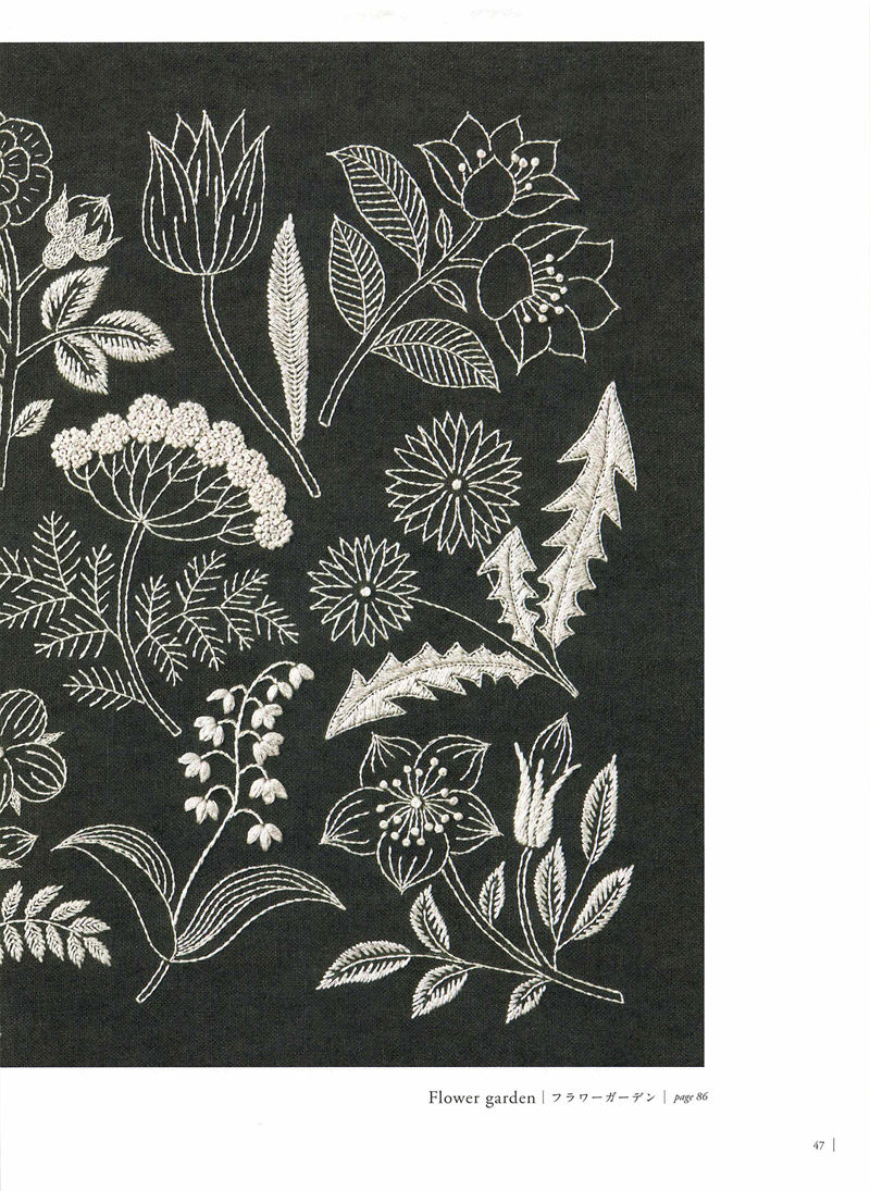 1505-09042026220514_049 White on black embroidery chart by Yumiko Higuchi — tulips, ferns and lily of the valley.