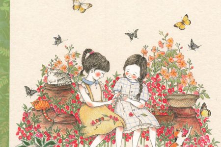 Green Ivy Coloring Book: 58 Exquisite Four Seasons Pages for Colored Pencil Cover - Kayliebooks Cover of a Korean colored pencil Green Ivy coloring book showing two girls sewing among red flowers, cats and butterflies