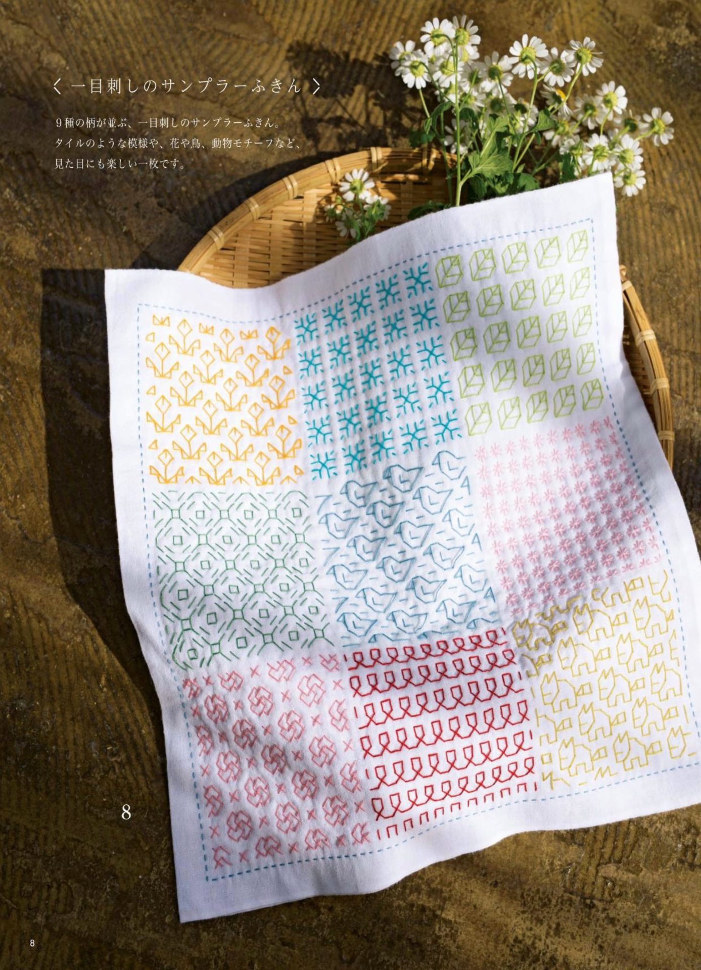 1283-p10 Sashiko sampler cloth with eight colorful motifs, from tulips to cats, resting in a basket with daisies