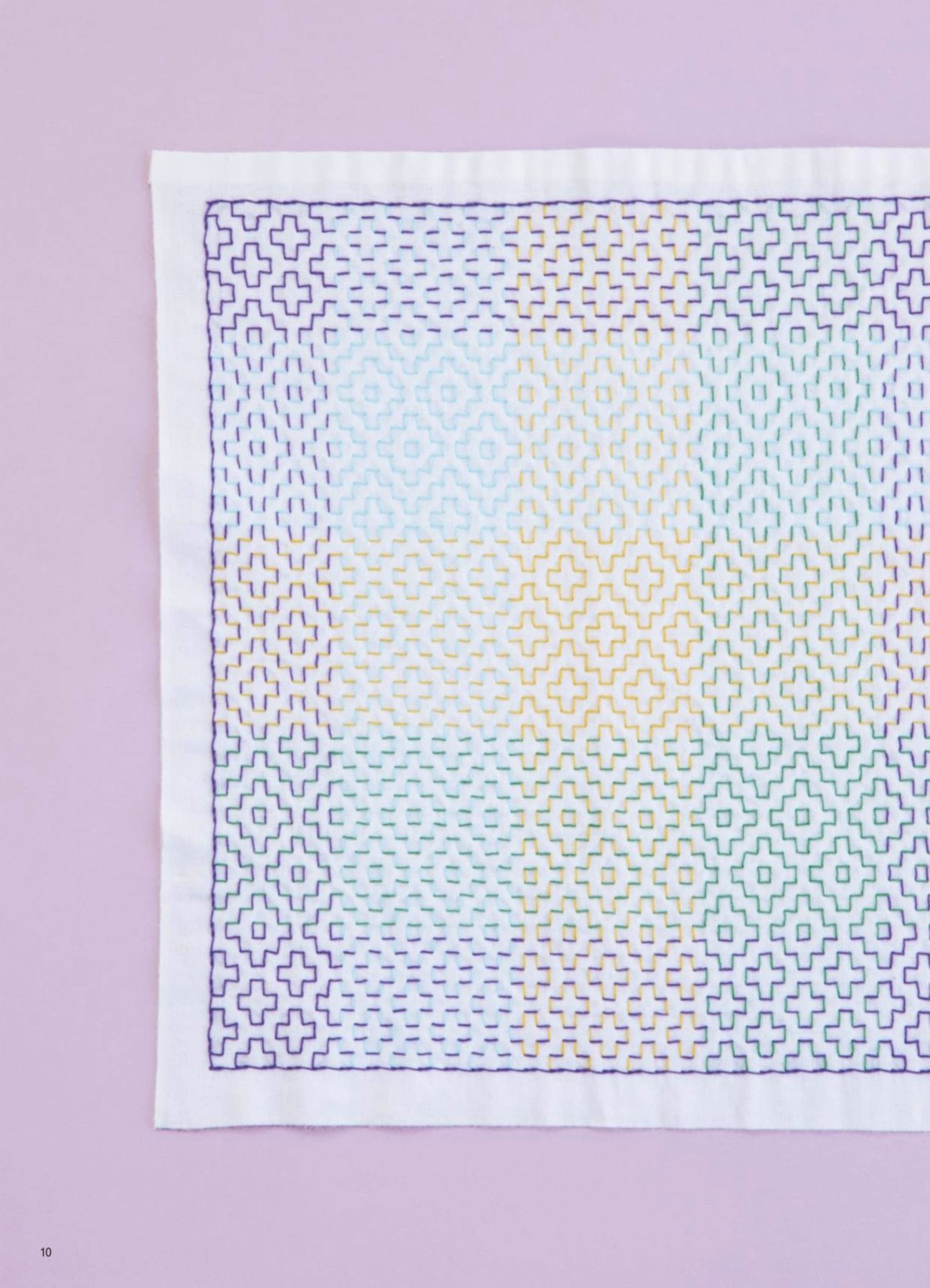 1283-p12 Rainbow gradient geometric sashiko cloth on a lilac background, a bold sashiko stitching idea