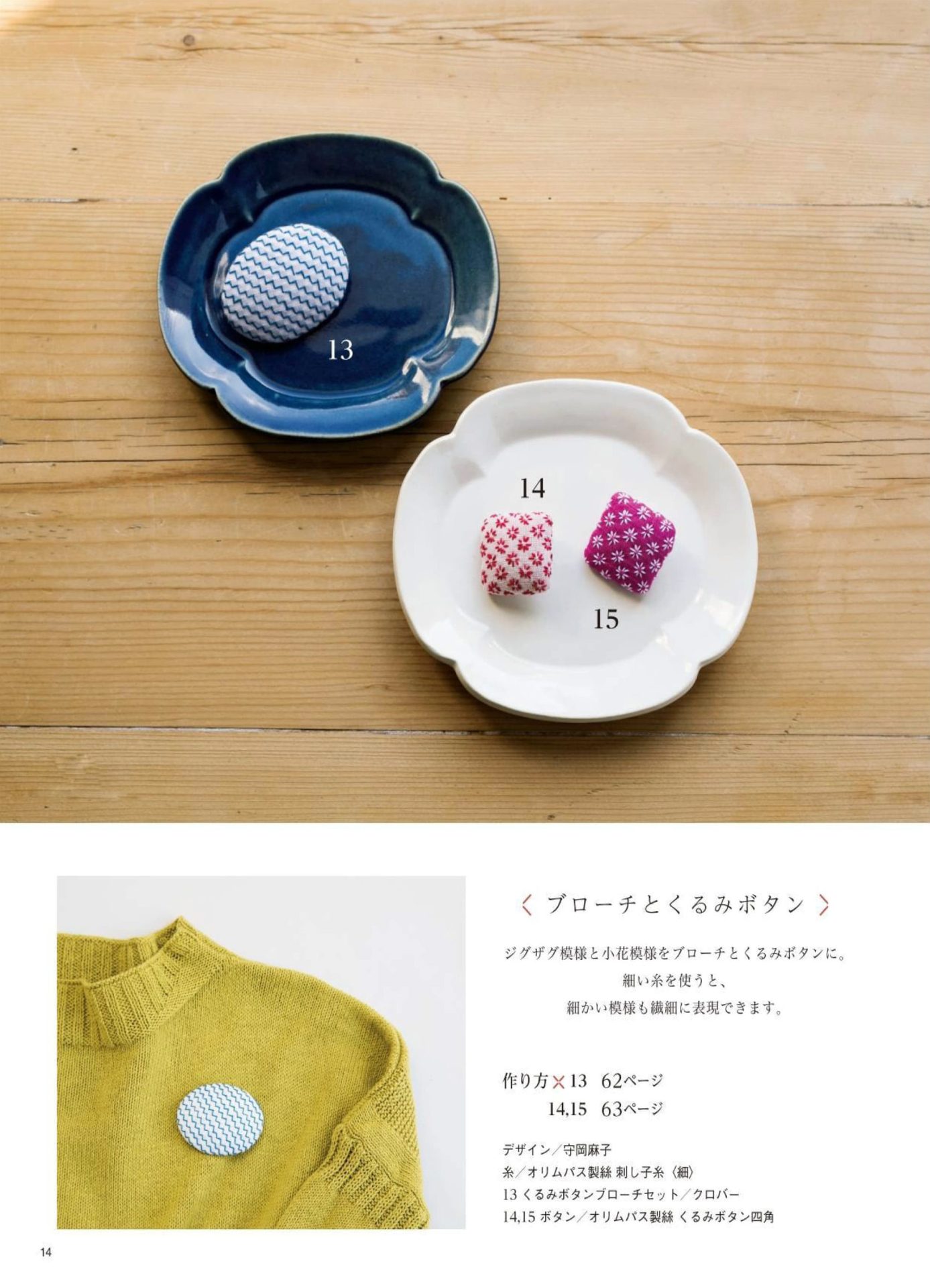 1283-p16 Sashiko covered buttons in blue zigzag and pink flower stitches, plus a brooch on a yellow sweater