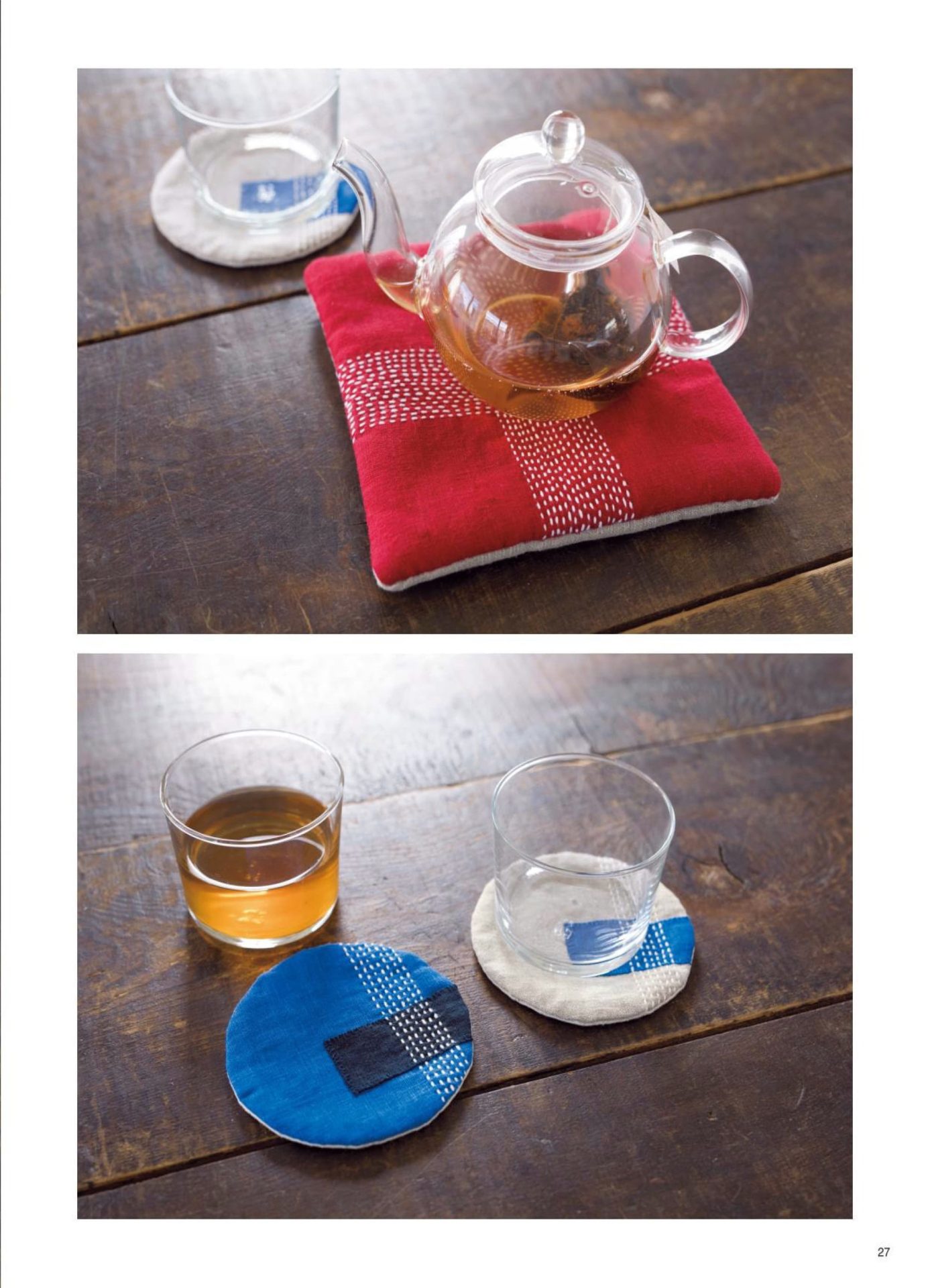 1283-p29 Sashiko pot mat under a glass teapot, with blue patchwork coasters under tea glasses
