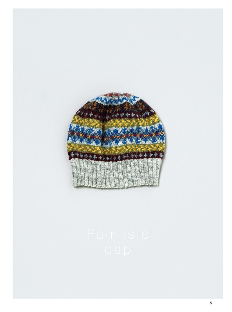 1410-00007 Fair Isle knit cap pattern in blue, mustard and gray stripes with a pale rolled brim
