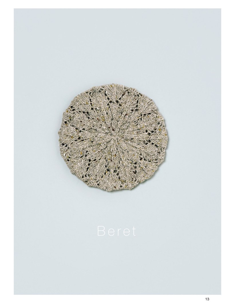 1410-00015 Lacy knitted beret in soft taupe tweed, a pretty hat knitting pattern worked on needles