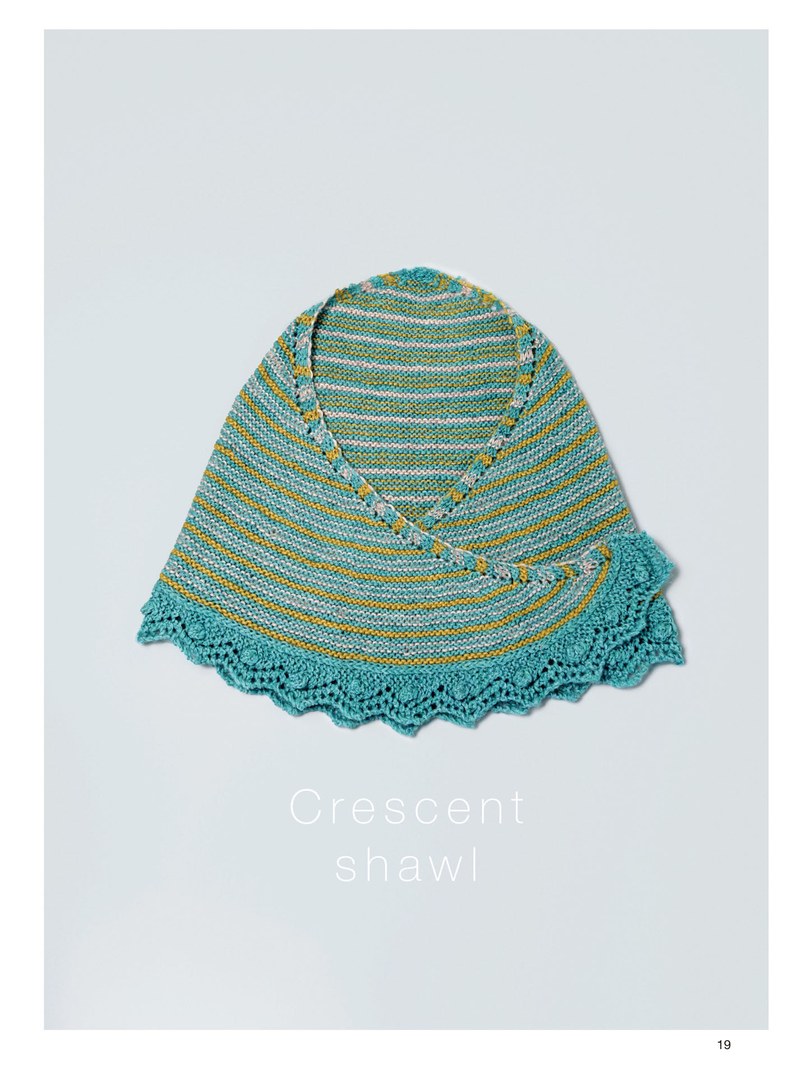 1410-00021 Crescent shawl knitting pattern with green and blue stripes and a teal scalloped lace edge