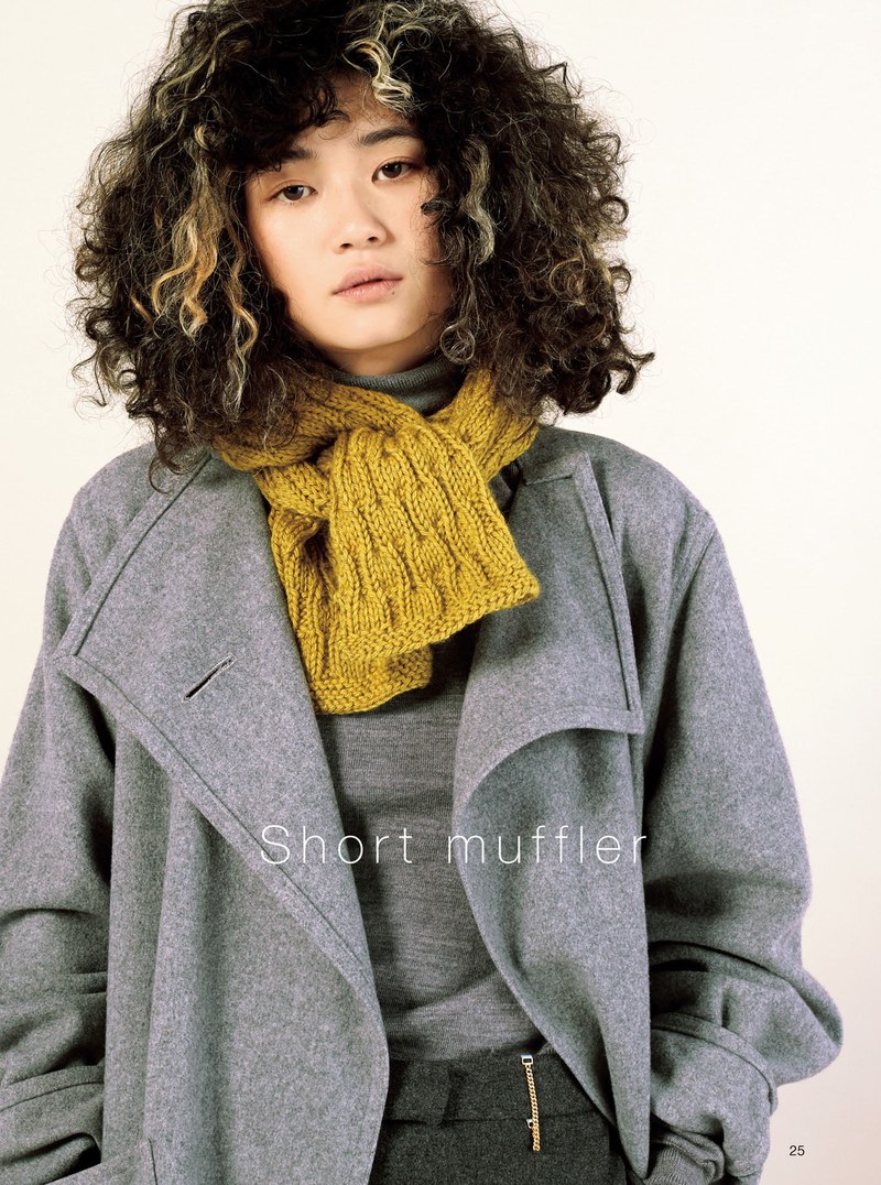 1410-00027 Short muffler in golden mustard rib and cable stitch, a quick scarf knitting project