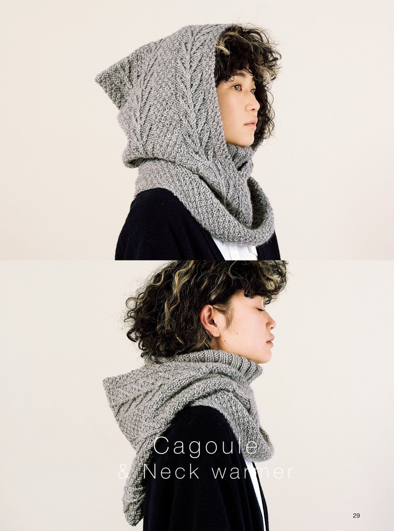 1410-00031 Gray cable knit cagoule hood worn up with a long neck warmer, a snug winter knit