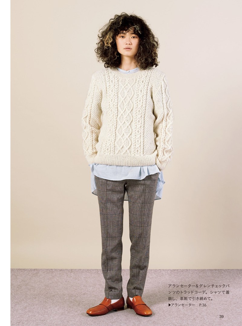 1410-00041 Cream Aran sweater with textured cables worn with checked pants, a timeless knit for winter