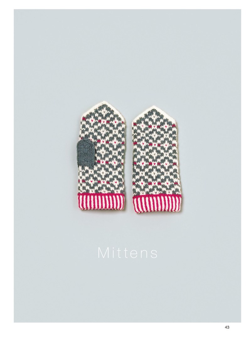 1410-00045 Nordic mittens in gray, white and pink with a striped cuff, a colorwork mitten pattern